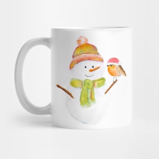 cute Christmas snowman and robin watercolor Mug